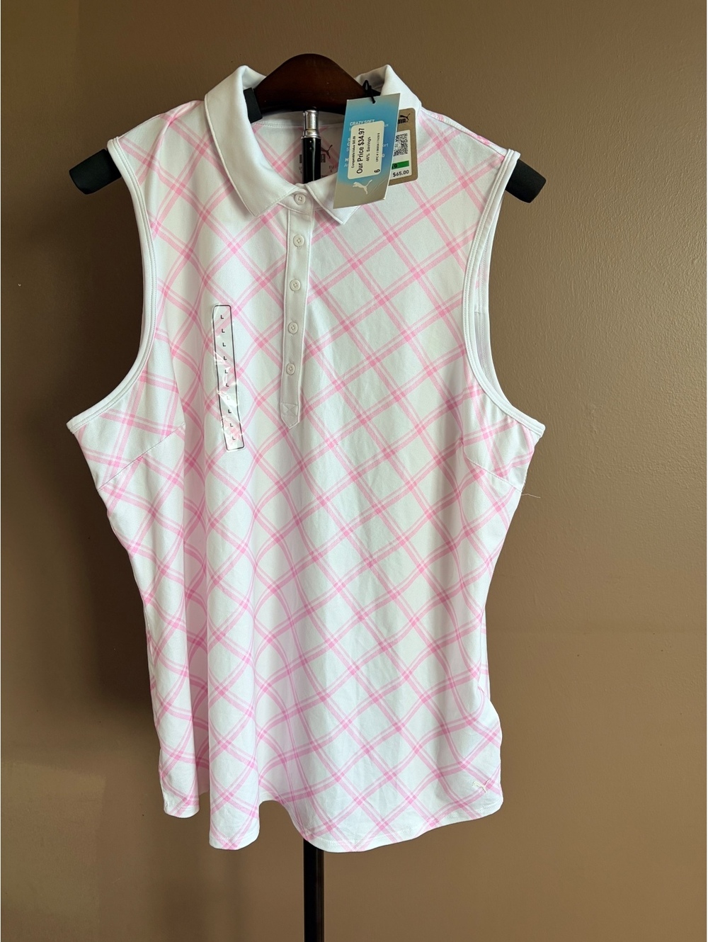 Puma Cloudspun Women's Golf Polo Large White Pink Plaid Sleeveless NWT